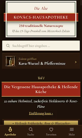 Startbildschirm mit Suchfeld und dem zuletzt geöffneten Rezept